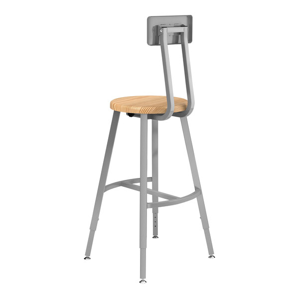 A National Public Seating Titan lab stool with a wood seat and back, made of gray steel.