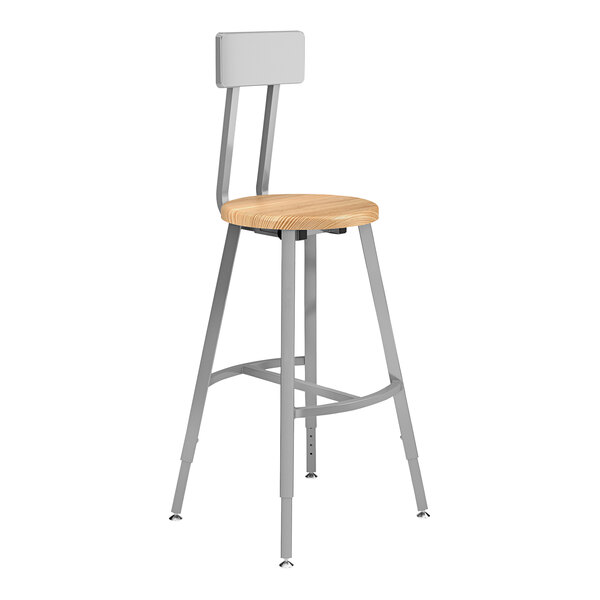 A National Public Seating lab stool with a metal and wood seat.