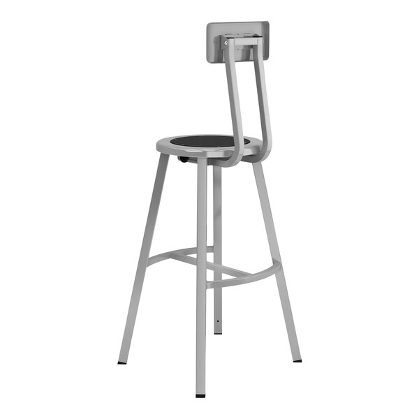 A National Public Seating Titan gray steel lab stool with a black seat and backrest.