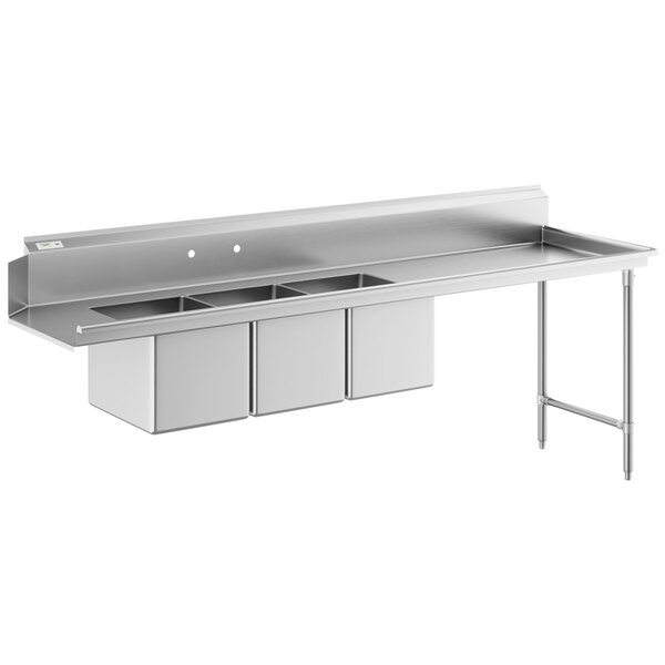 A Regency stainless steel dishtable with three bins.