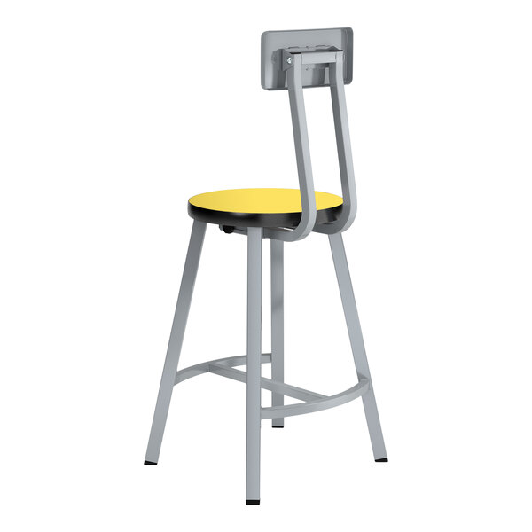 A National Public Seating Titan lab stool with a gray metal frame and a marigold seat and backrest.