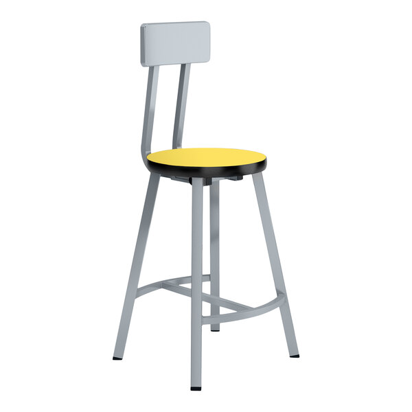 A gray National Public Seating lab stool with a marigold seat and back.