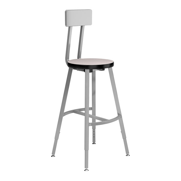 A National Public Seating lab stool with a gray high-pressure laminate seat and backrest and metal legs.