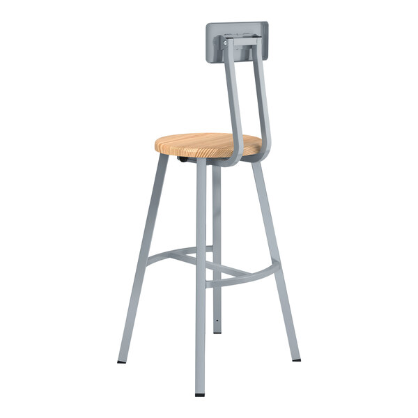 A National Public Seating Titan lab stool with a wooden seat and backrest on a metal frame.