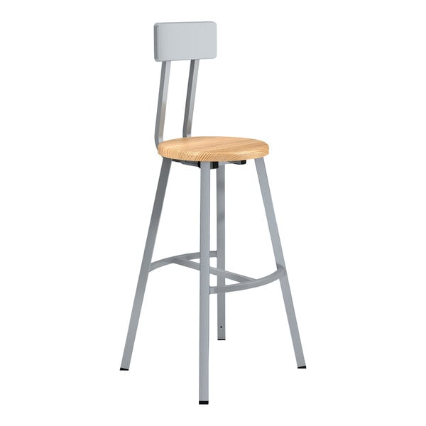 A National Public Seating Titan lab stool with gray steel and oak wood and a backrest.