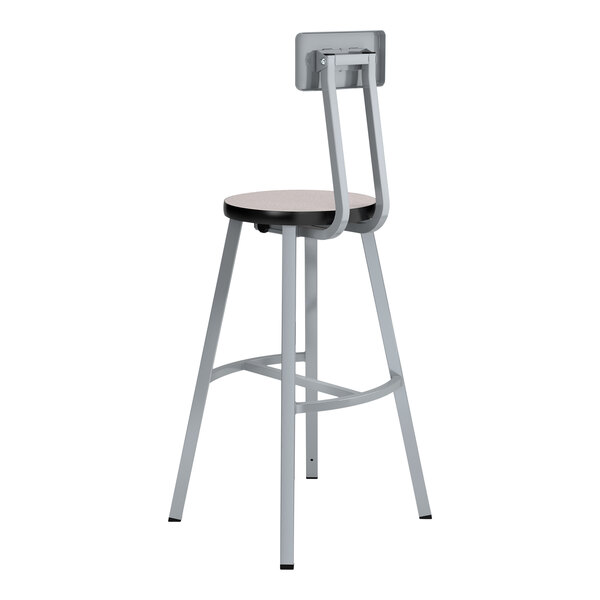 A National Public Seating Titan lab stool with a gray laminate seat and backrest, steel frame, and gray nebula accents.