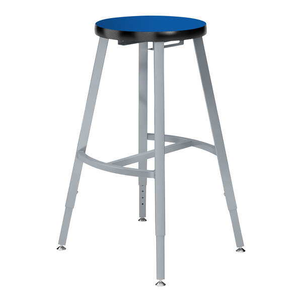 A National Public Seating Titan lab stool with a blue high-pressure laminate seat and metal legs.