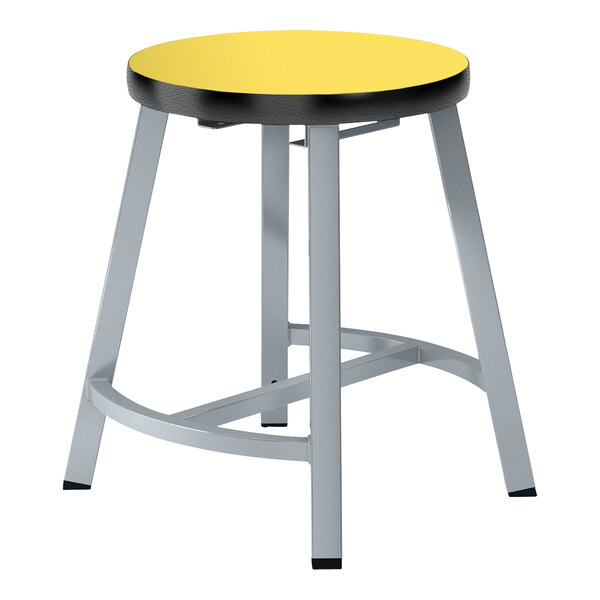 A yellow National Public Seating lab stool with a black metal base and legs.