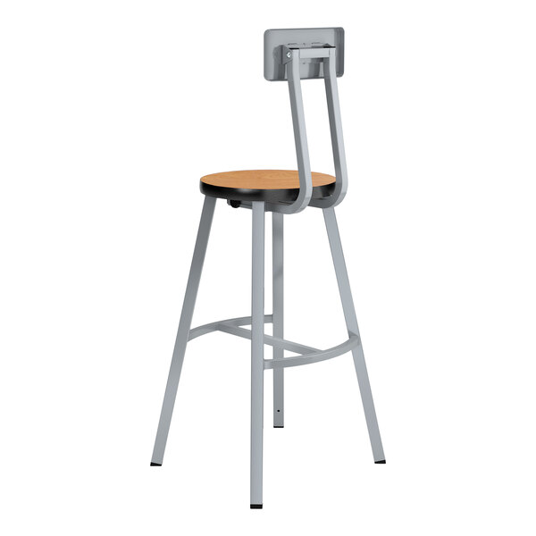 A National Public Seating Titan lab stool with a Bannister Oak high-pressure laminate seat and backrest on a gray steel frame.