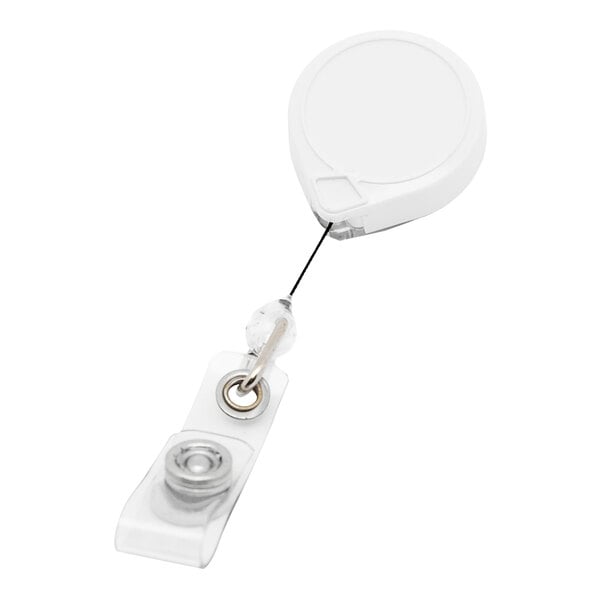 A white KEY-BAK badge holder with a swivel clip and retractable cord.