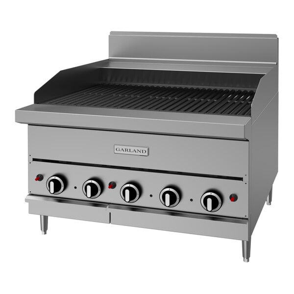 A stainless steel 30-inch natural gas charbroiler with four control knobs and a ceramic briquette grilling surface.