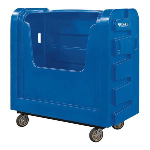 A blue plastic container on wheels.