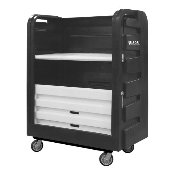 A black Royal Basket Trucks turnabout bulk transport cart with plastic shelves.