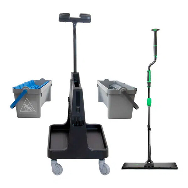 A black Unger floor cleaning kit with a green handle on wheels.