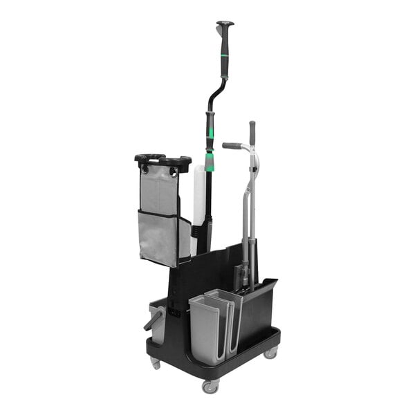 An Unger OmniClean spot cleaning kit on a black and silver cart with a white bag.