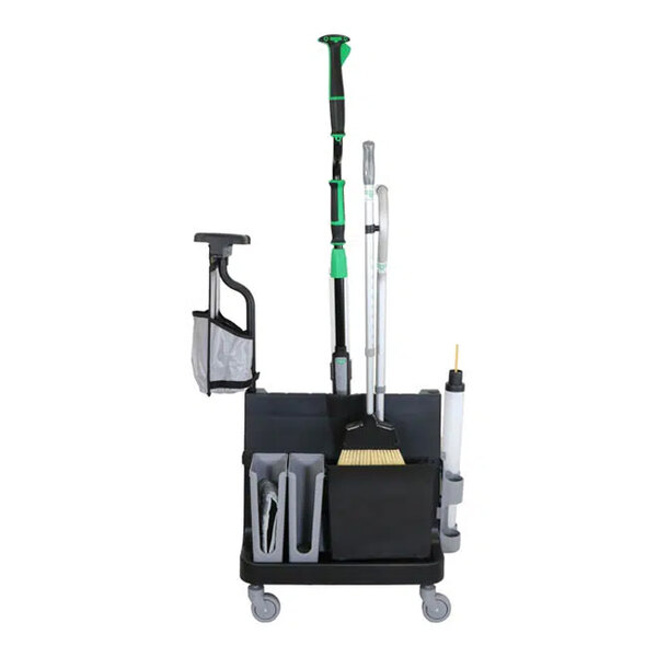 A Unger OmniClean spot cleaning kit on a black and green janitorial cart with a mop and broom holder.