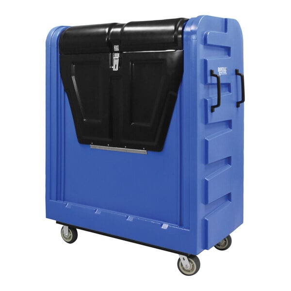 A blue and black plastic Royal Basket Trucks industrial poly truck with wheels.