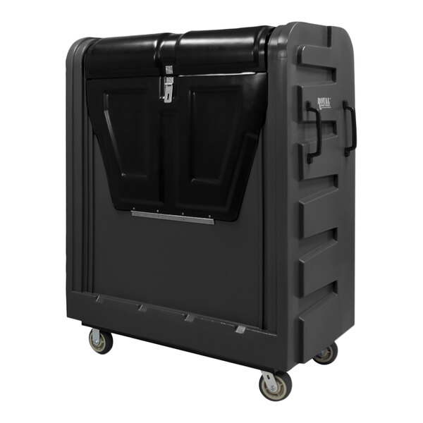 A black plastic container with wheels.