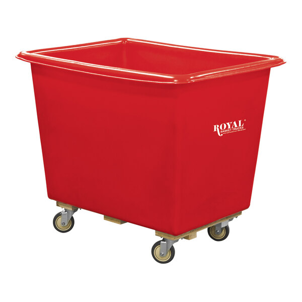 A red plastic Royal Basket Truck with wood base and 4 swivel casters.
