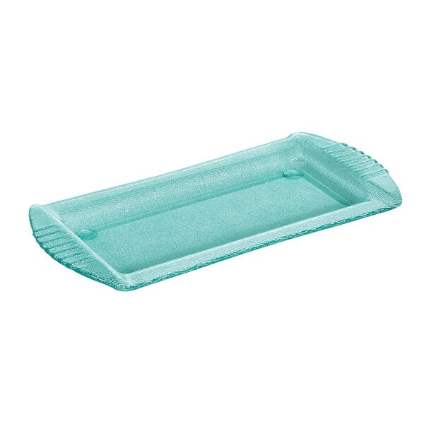 A blue rectangular jade platter with curved edges.