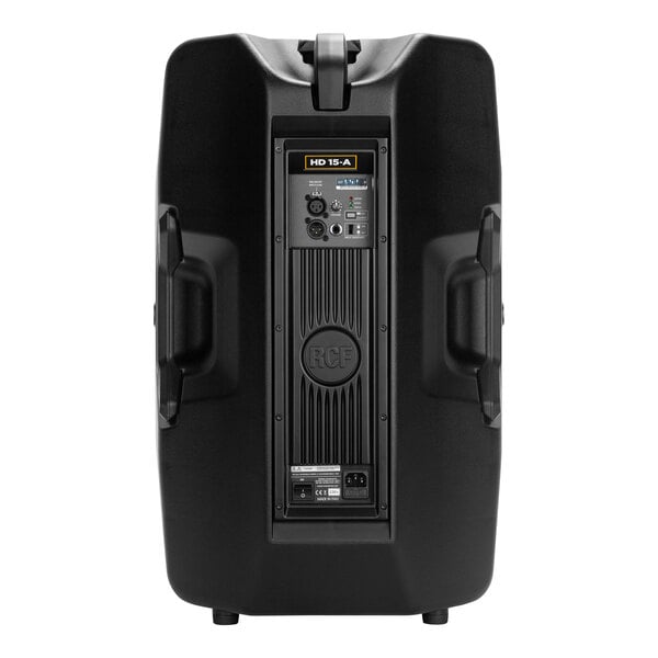 The back of a black RCF HD15A MK5 portable speaker with buttons and knobs.