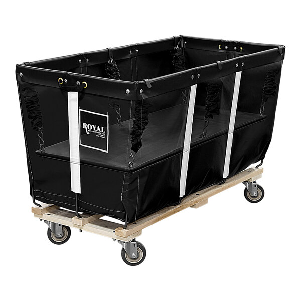 A black rectangular Royal Basket Trucks fabric cart with wheels.