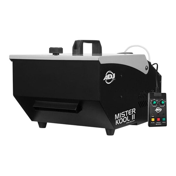 An American DJ Mister Kool II fog machine with a black and silver design and remote control buttons.