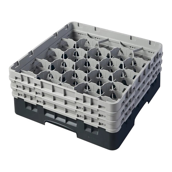 A black and gray plastic glass rack with 20 compartments and three extenders for holding and washing glassware.
