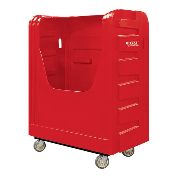 A red plastic container with wheels.