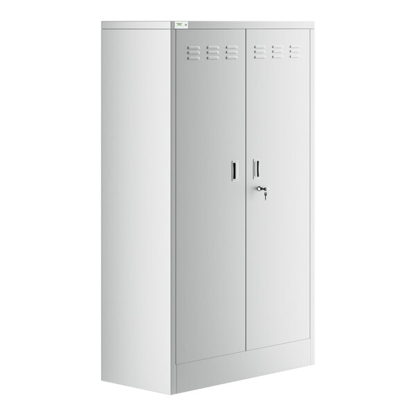 A stainless steel mop sink cabinet with two doors and mat holders.