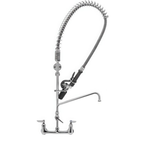 A T&S chrome pre-rinse faucet with hose and sprayer.