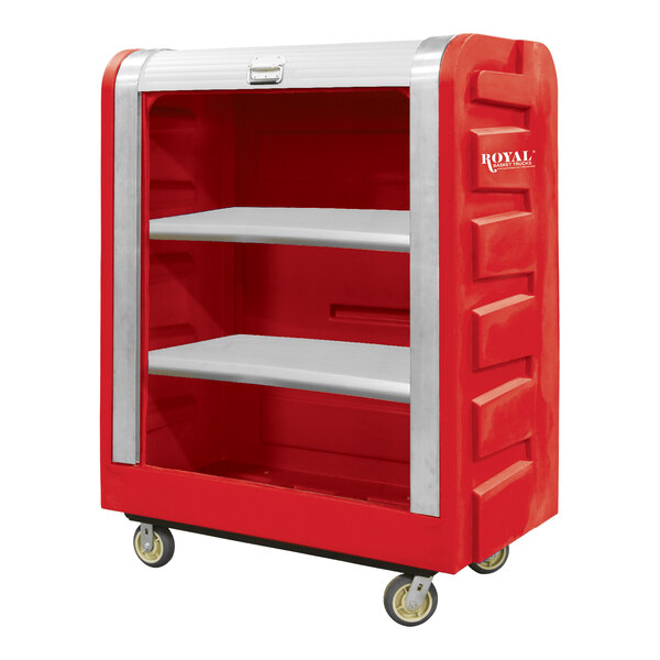 A red and silver metal Royal Basket Trucks laundry cart with shelves on wheels.