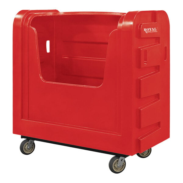 A red plastic cart with wheels.