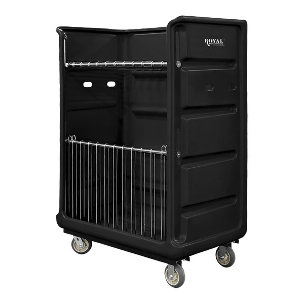 A black Royal Basket Trucks turnabout bulk transport truck with metal racks on wheels.