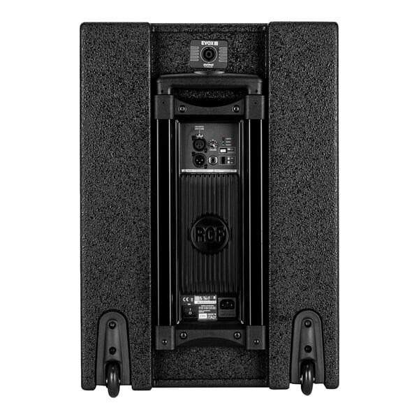 The back of an RCF EVOX 12 speaker with a logo.