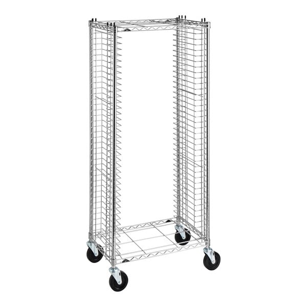 A metal side load bun and sheet pan rack on wheels, designed for holding multiple pans.