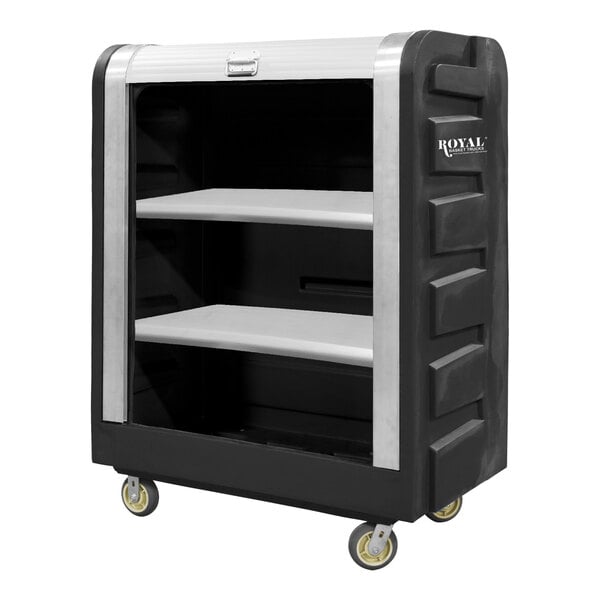 A black metal Royal Basket Trucks laundry cart with shelves and casters.