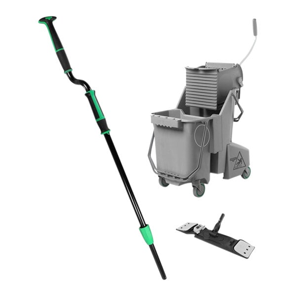 An Unger Excella floor cleaning bucket with black and green handle.