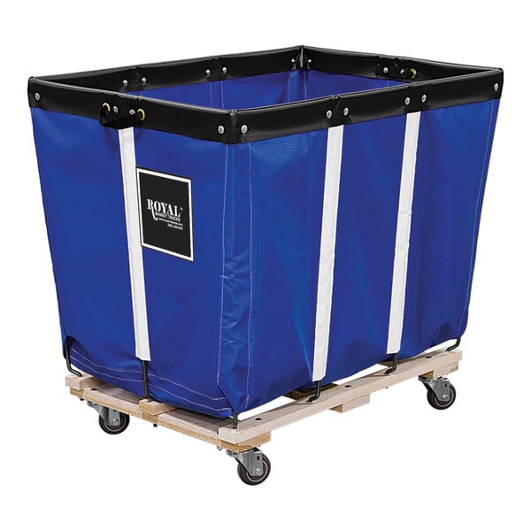 A blue vinyl Royal Basket Truck with black wood base and 4 swivel casters.