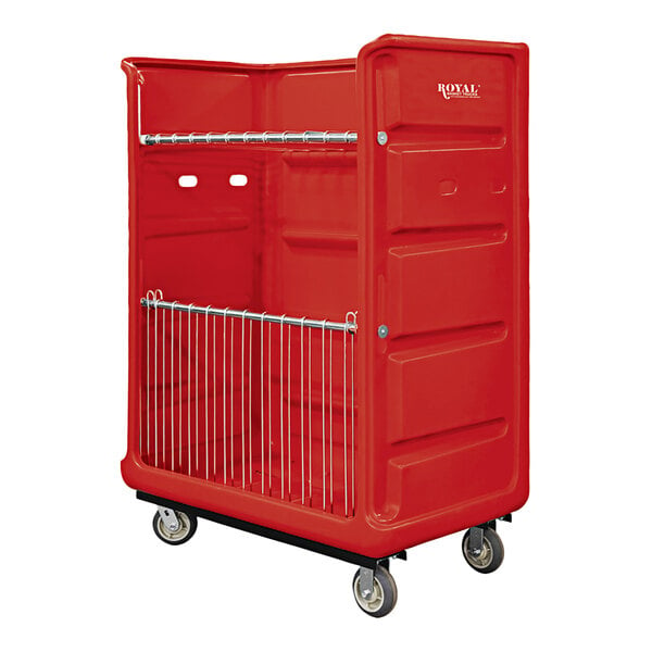 A red Royal Basket Trucks turnabout cart with metal racks on wheels.