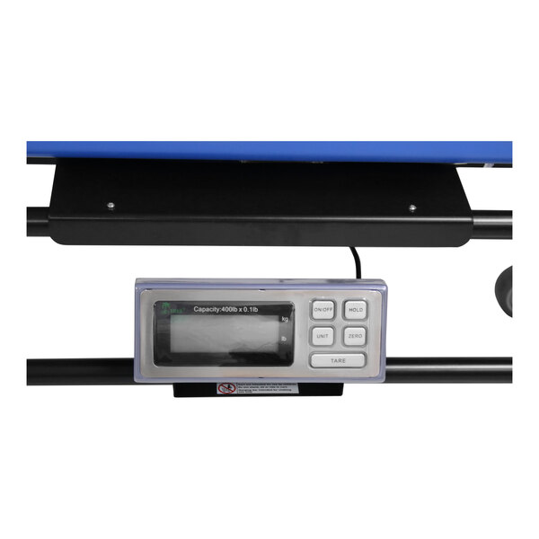 A Royal Basket Trucks blue poly scale truck with a black stand.