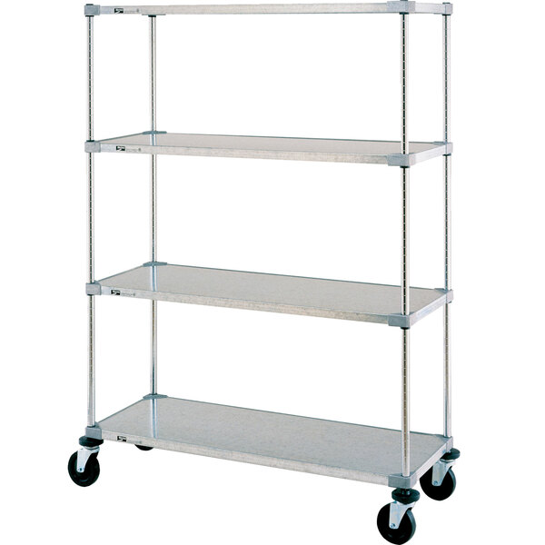 A Metro Super Erecta galvanized metal shelving unit with polyurethane wheels.