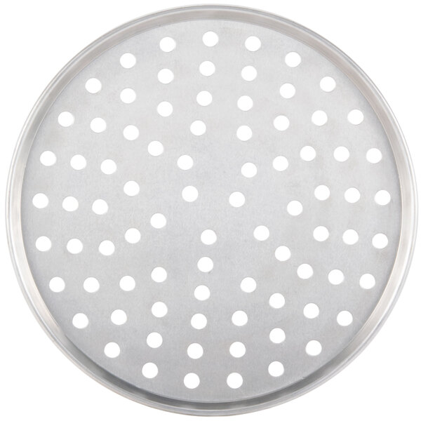An American Metalcraft aluminum round pizza pan with perforations.