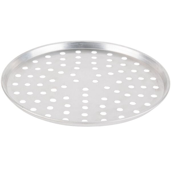 An American Metalcraft round silver aluminum pizza pan with holes.