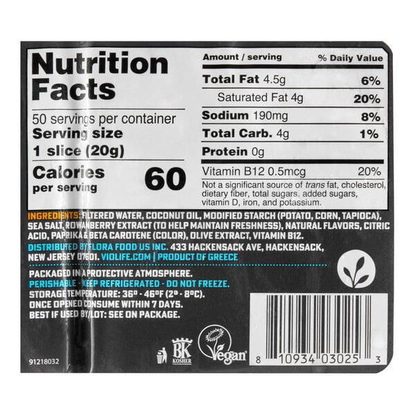 A nutrition label for Violife Just Like Cheddar Vegan Cheese Slices, showing serving size, calories, ingredients, and dietary information.