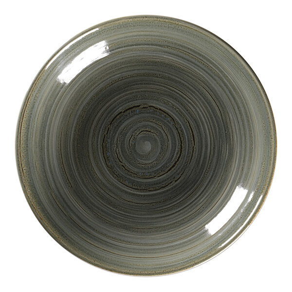 A peridot RAK Porcelain deep coupe plate with a circular spiral design on it.