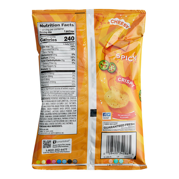 A Lay's Cheddar Jalapeno Potato Chips bag with a label.