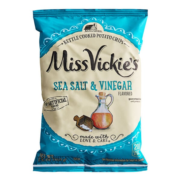 A blue and white bag of Miss Vickie's Sea Salt & Vinegar potato chips.