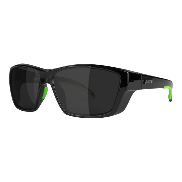 A close up of Lift Safety Lancer safety glasses in gloss black with smoke lenses.