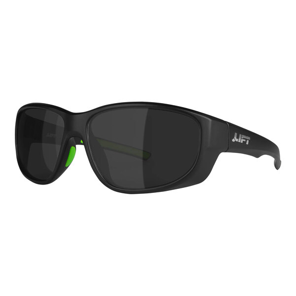 A close up of Lift Safety Guardian safety glasses with matte black frames and smoke lenses.